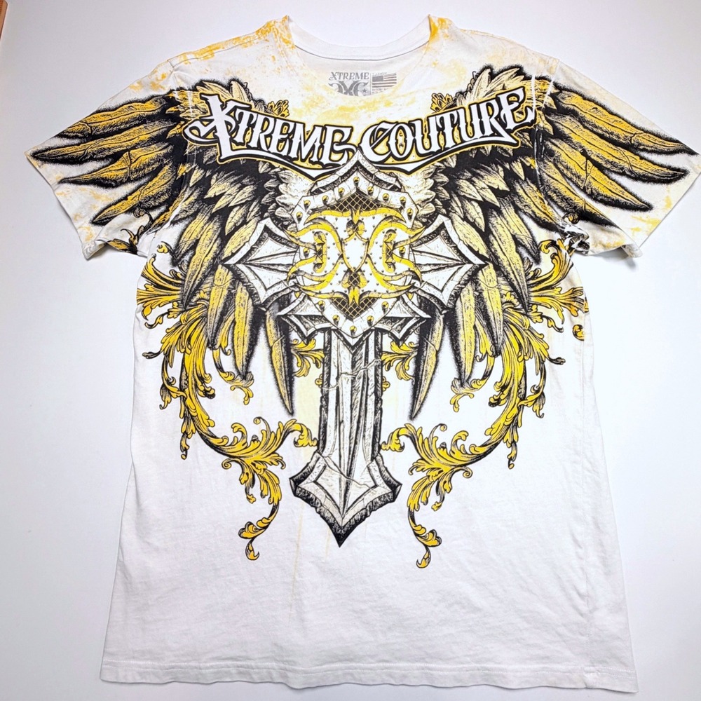 Xtreme Couture Mens Large Winged Cross Graphic T Shirt White Yellow Black
